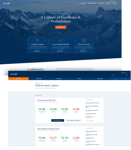 Screenshots of the new public site and investor portal