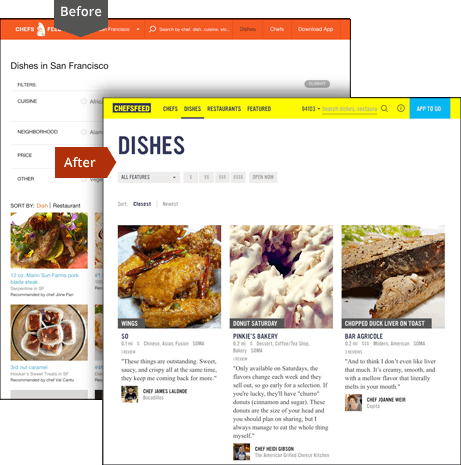 Before and after screenshots of the ChefsFeed web site