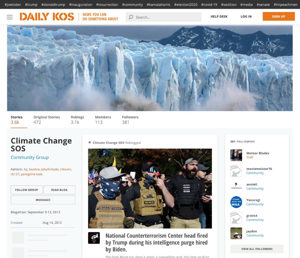 Screenshot of a Daily Kos blog homepage