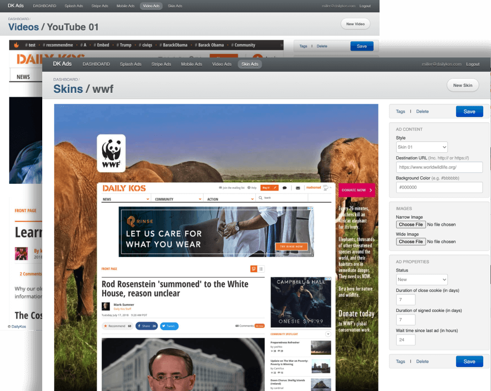 Admin screens for various ad templates