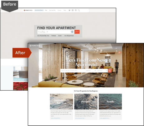 Before and after screenshots of prometheusapartments.com