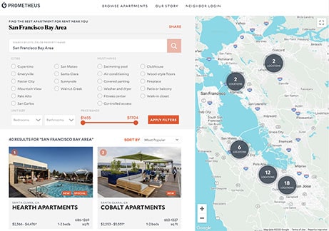 Prometheus property search results page with interactive map