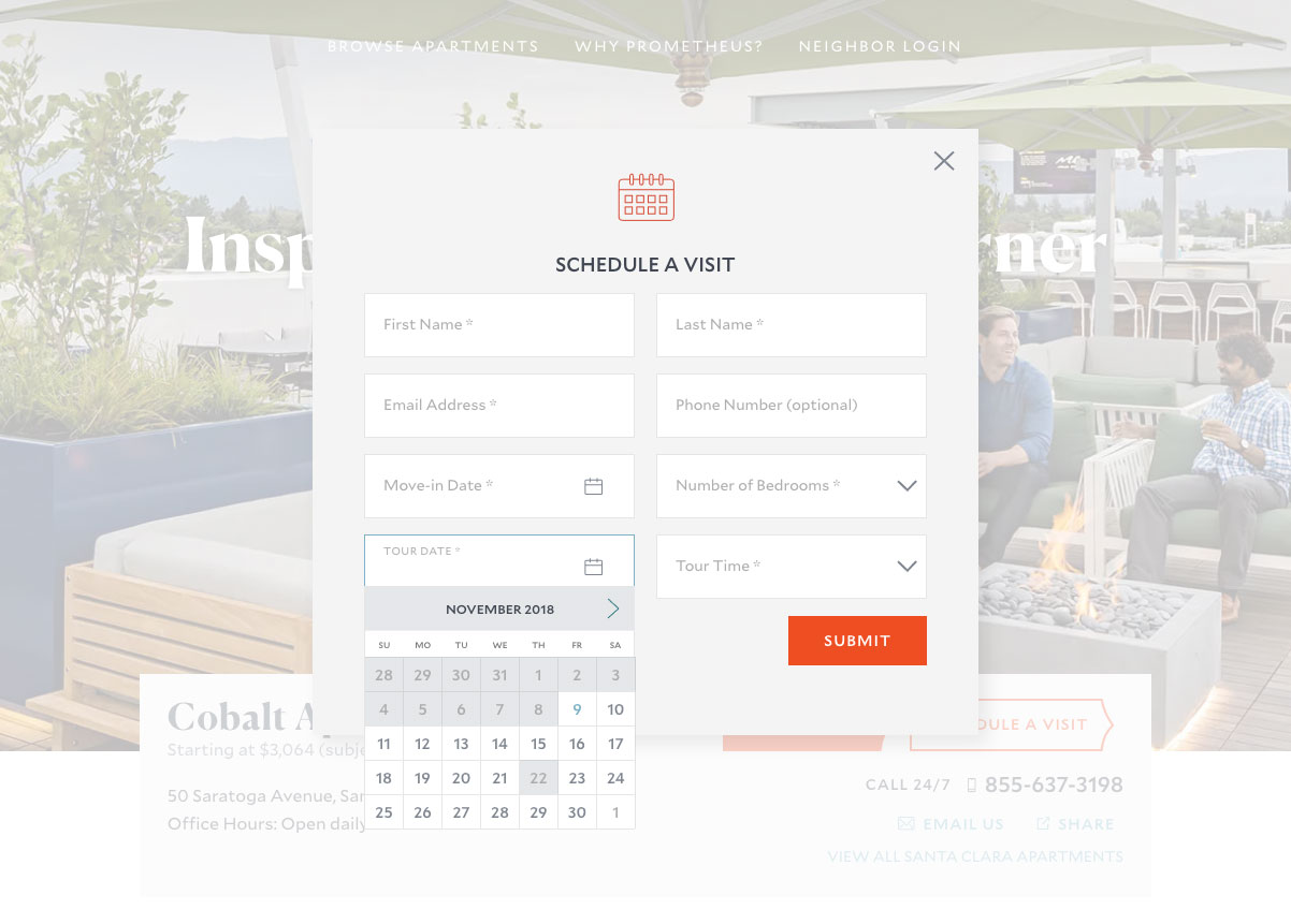 Screenshot of an interactive tour scheduler for a property